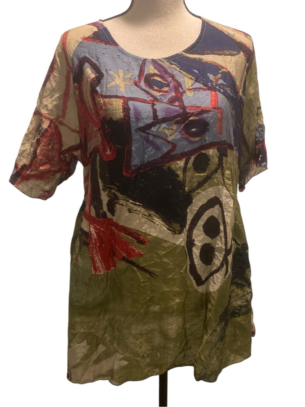 Women’s Abstract Wearable Art Multicolor Short Sleeve Tunic Lightweight New XS-S